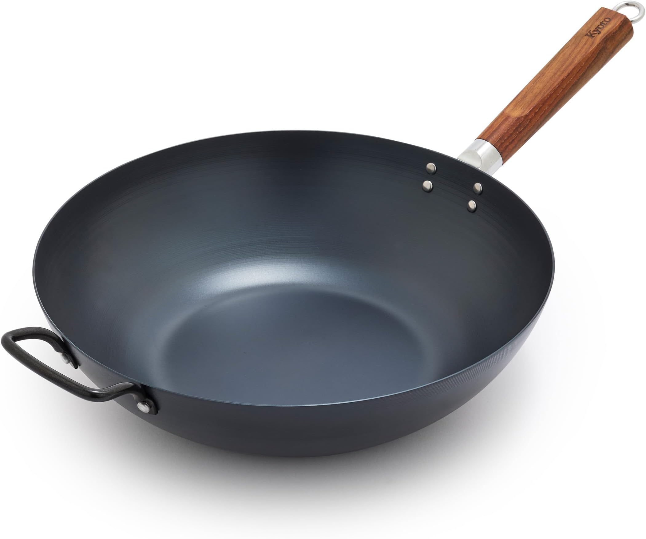 Kyoto 14” Pre-Seasoned 7.25QT Carbon Steel Wok with Helper Handle, Flat Base, Professional Nonstick Patina with Use, Induction, Carbonized Ash Wood Handle, Even Heating, Durable, Black