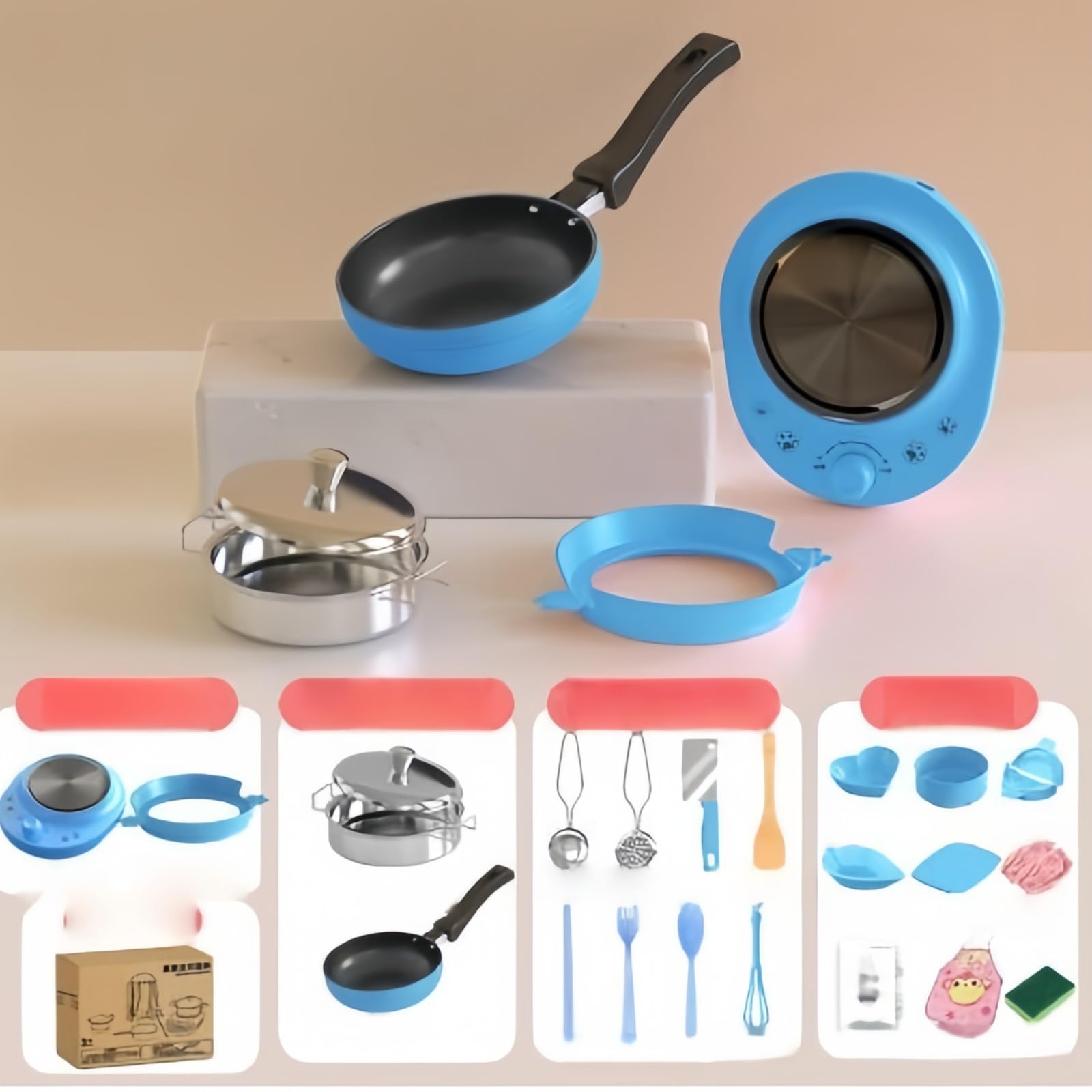 Mini Juego de Cocina para niños、24 Juguetes con Estufa eléctrica Funcional y Utensilios de Cocina de Acero Inoxidable Seguros. Kit de Cocina para Principiantes (Blue)