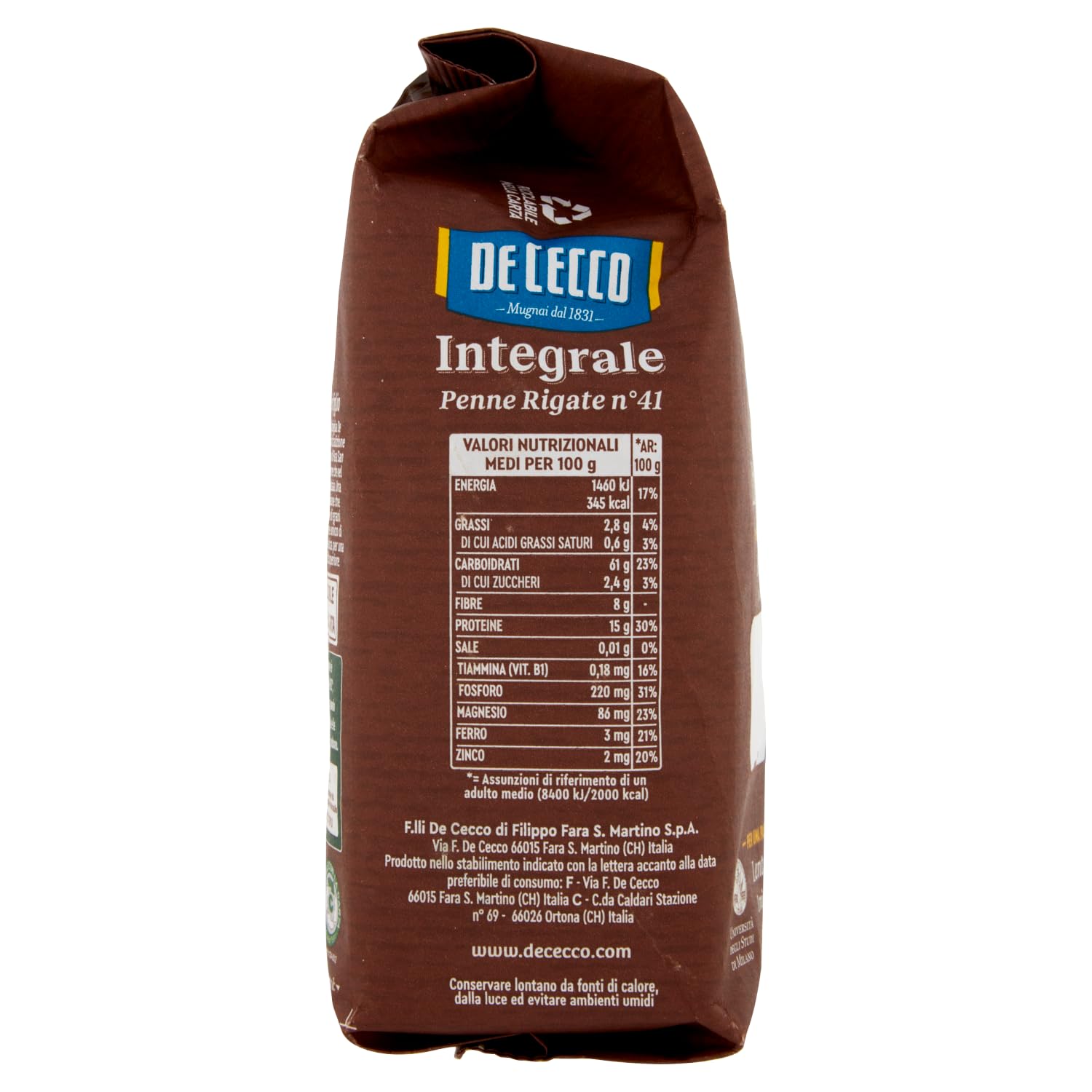 De Cecco Pasta Integral Penne Rigate n°41 – 4 x 500 g – Trigo completo italiano, rico en fibras, secado lento, cocción 12 min (10 min al dente)+ Italian Gourmet polpa 400g