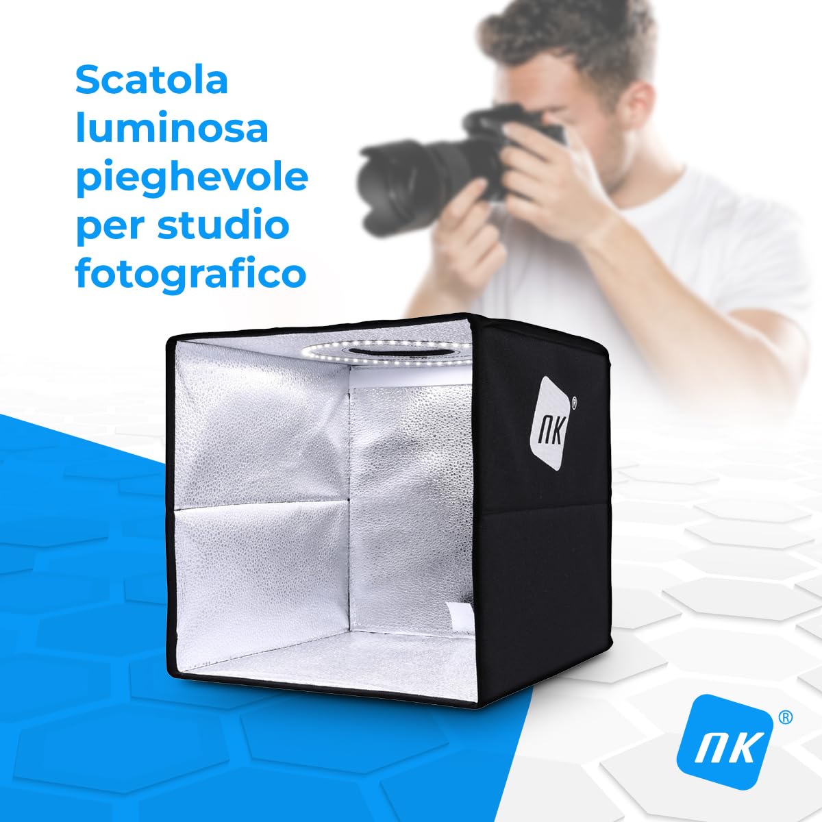 NK Scatola Box Fotografico (60x60cm) - 160 LED, 3 Temperature di Luce, Luminosità Regolabile x10, RA90, Piccoli Prodotti Gioielli, Maniglia per il Trasporto (3 Sfondi Colorati)