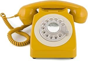 GPO 746 Rotary 1970s-Style Retro Landline Telephone, Classic Telephone with Ringer On/Off Switch, Curly Cord, Authentic Bell Ring for Home, Hotels- Mustard