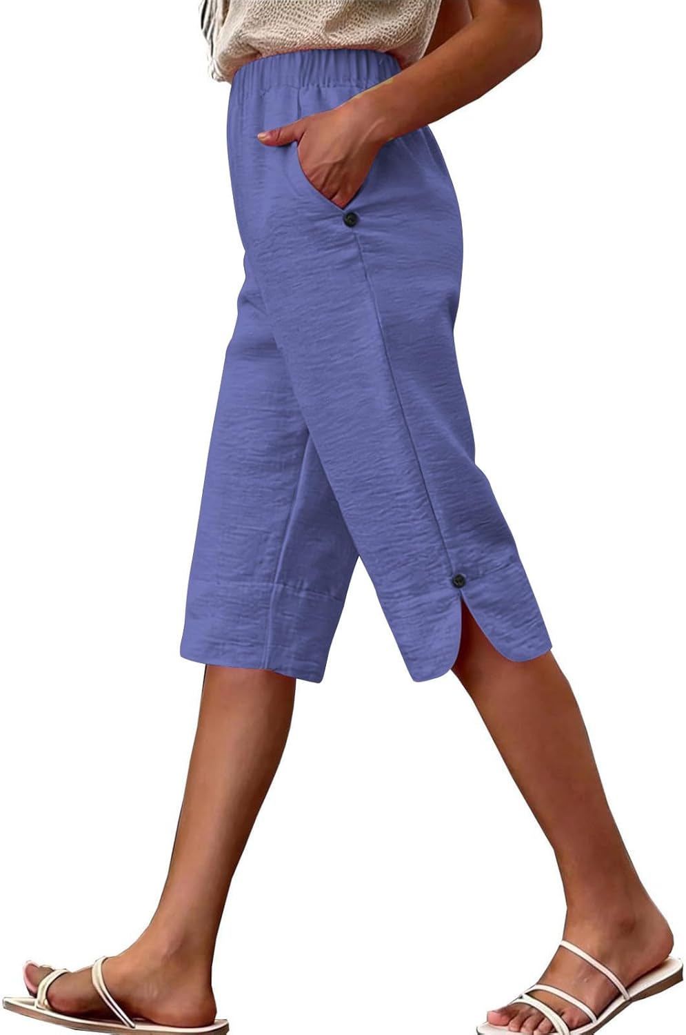 YRAETENM Linen Bermuda Shorts for Women Elastic High Waisted Cropped Capri Pants Summer Loose Casual Trousers with Pockets