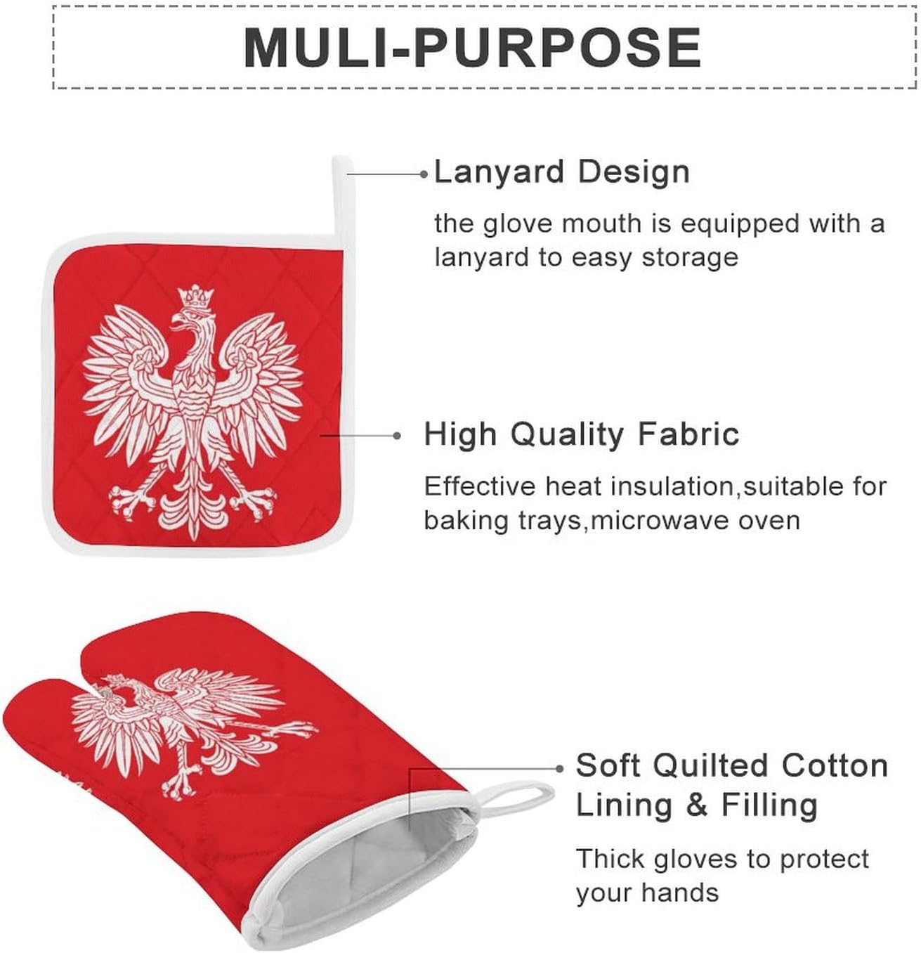 Poland Eagle Print Oven Mitts and Pot Holders 3 Piece Sets Heat Resistant Gloves Hot Pads Potholders for Kitchen Baking Cooking