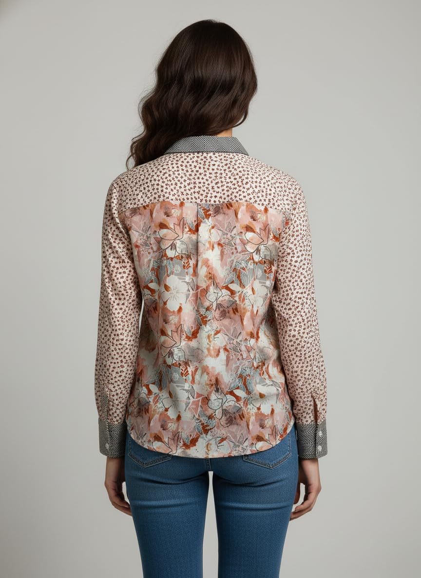 ANNI Designer Bedrucktes Damenhemd aus Baumwollmischgewebe, langärmelig, normale Passform, Kragen, legere Bürokleidung, elegante Western-Kleidung für den Alltag, Hochzeit, Party
