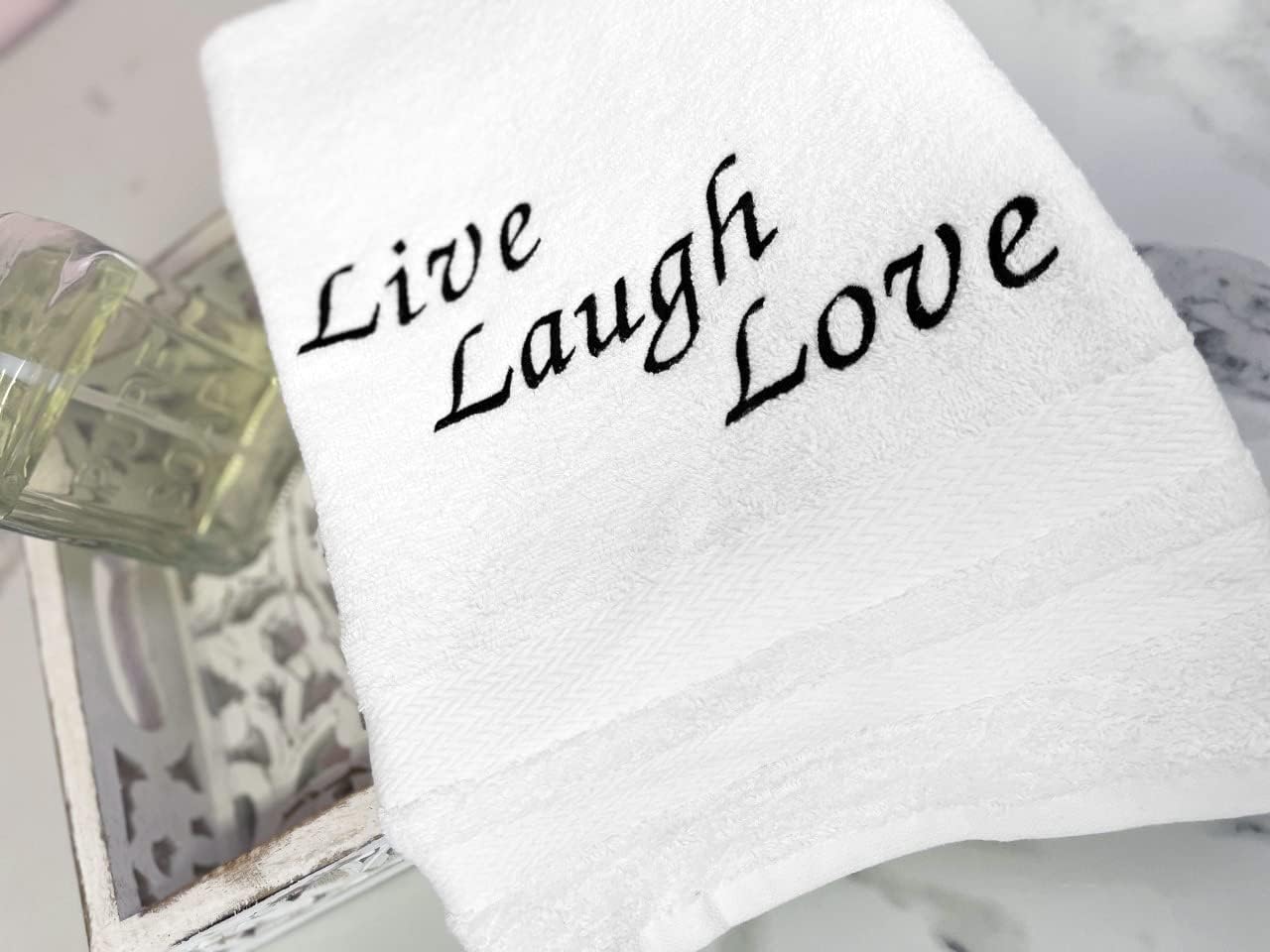 Liberty21 Embroidered Hand Towels with Inspirational Message. Live, Laugh, Love (Set of 2) for Bathroom, Kitchen or Spa. (White, Live, Laugh, Love)