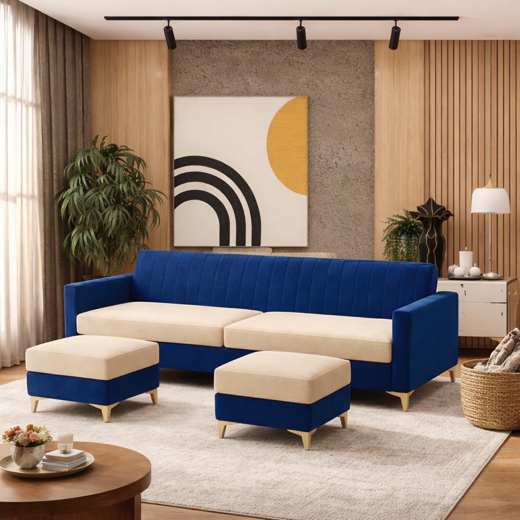 Lorenzo Dual Tone Plush Velvet 4 Seater Sofa Set with 2 Ottoman | Silken Velvet Suede Upholstery | Golden Metal Legs | Luxury Designer Sofa for Living Rooms (Dark Blue & Cream)-image-21
