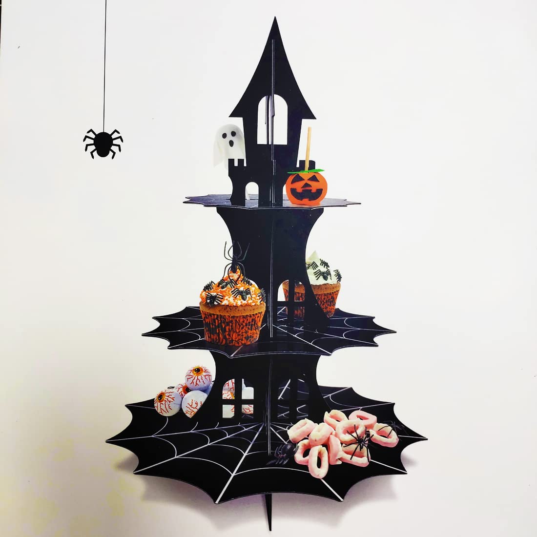 3-Tiers Spider Web Cupcake Stand for Hero Theme Party Supplies. Haunted House, Ghost,Cardboard, Dark Building Dessert Holder Halloween Party Serving Tray