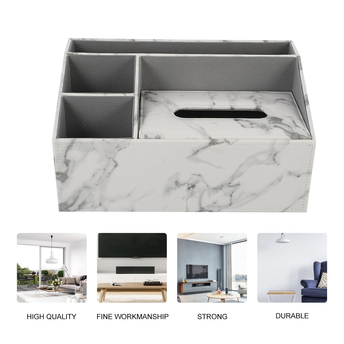 Caja Organizadora Multifuncional de Cuero Veta de Mármol Blanco para Pañuelos y Control Remoto, 3 Compartimentos Adecuado para Oficina y Hogar