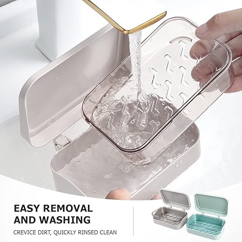 Miniatura 6 de 2 jaboneras de doble capa con tapa, funda portátil para jabón con bandeja de drenaje ranurada desmontable, recipiente para bandeja de jabón para