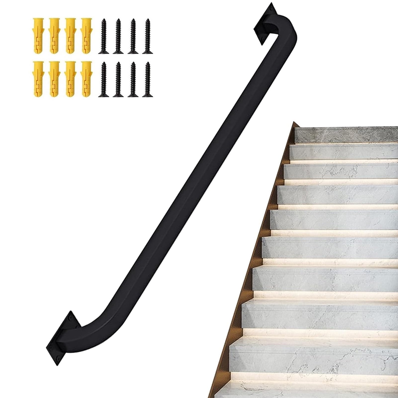 GHFXSCV Black Metal il for Indoor/Outdoor Stairs 1-3.6m Adjustable Wall SupportIron Railing for Steps 8.2ft (250cm) Safety Hand Rail Easy Install
