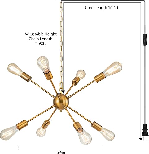 Miniatura 3 de SineRise Sputnik Candelabros dorados, 8 luces de iluminación moderna, lámpara colgante de granja de mediados de siglo con altura ajustable para