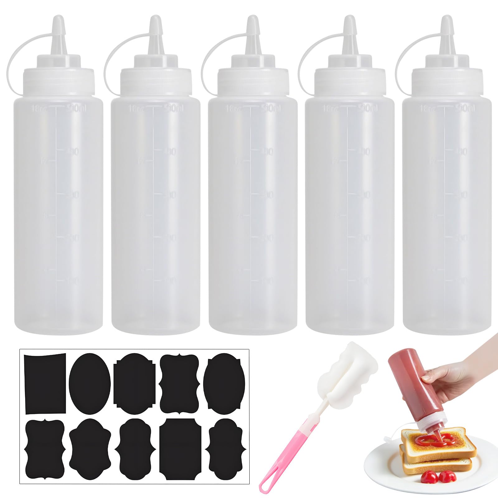 SMYJDMM Plastic Squeezy Sauce Bottles, 5 Pcs Plastic Squeeze Condiment Bottles, 500ml Tick Marks Squeeze Bottle with Cleaning Brush and Stickers for Ketchup Mustard Hot Sauces Oil with Funnel