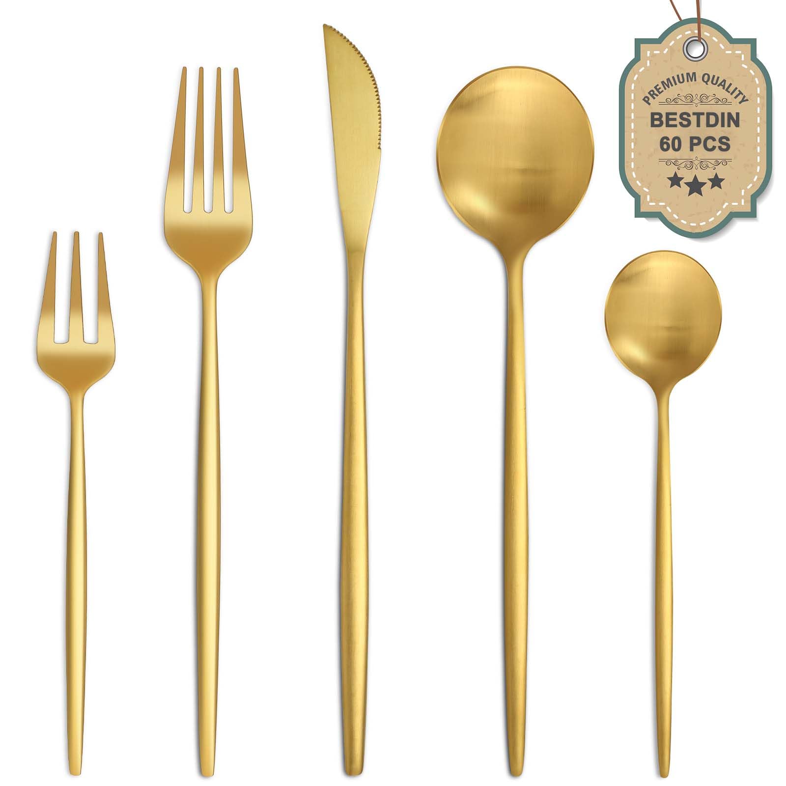 Bestdin Besteck Set 12 Personen, 60 teilig Edelstahl Besteckset Gold Matt, Essbesteck Set mit Messer Gabel Löffel, Hochwertiges Edelstahlbesteck, Spülmaschinenfest.
