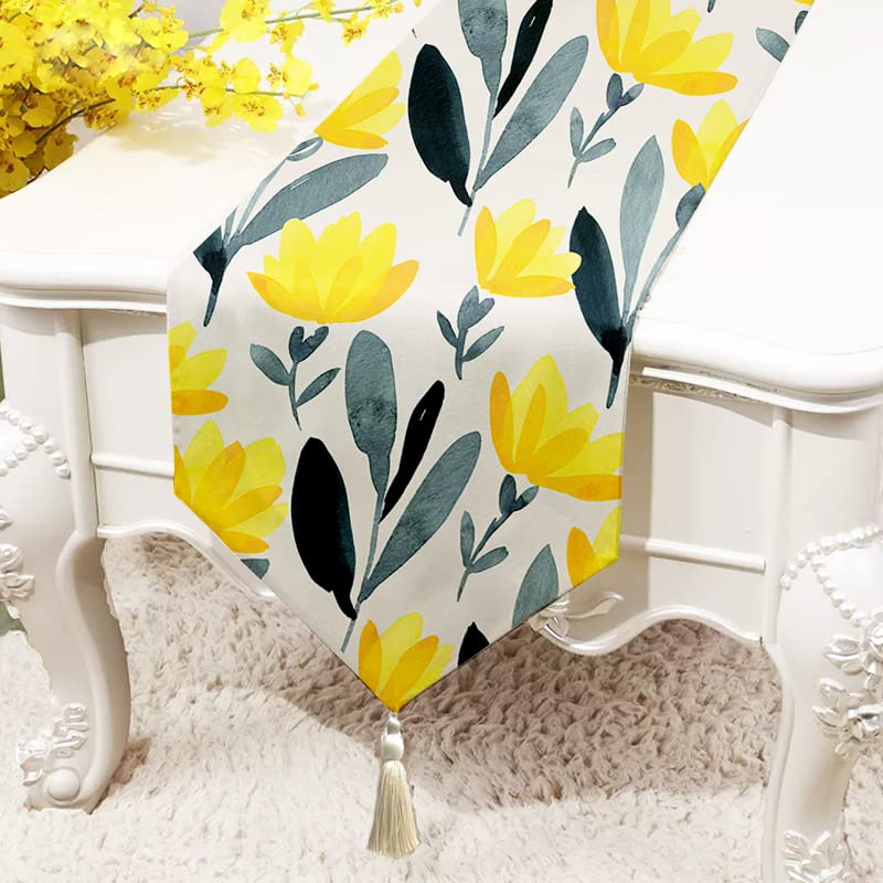 STITCHNEST Yellow & Blue Floral Printed Poly Cotton Table Ruuner (13 x 60 Inches with Tassel)-picture-10