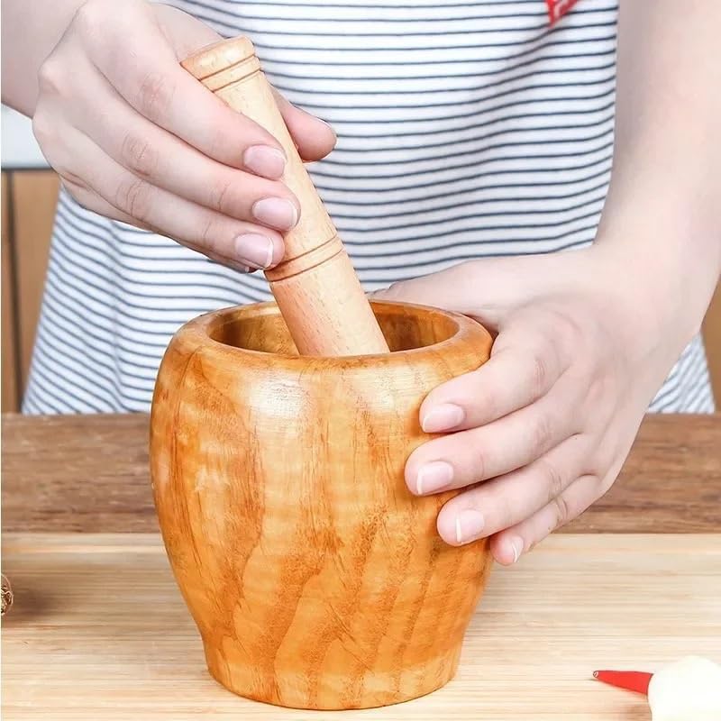 Pestle and Mortar Wooden Garlic Ginger Spice Mixing Grinding Bowl Kitchen Tool