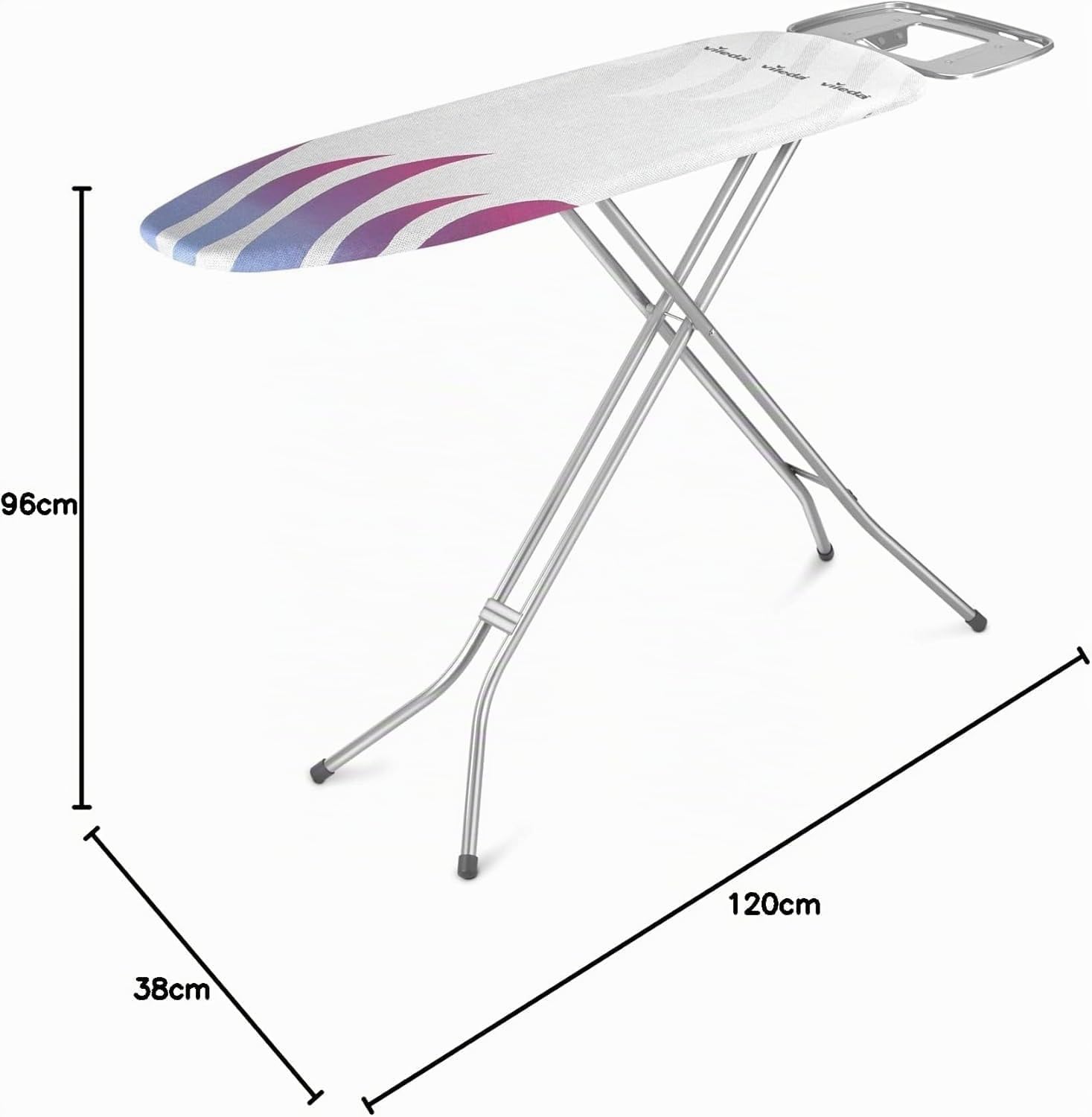 Vileda Total Reflect M Bügelbrett mit Schnell- & Tropfen-Funktion, Bügeleisen- oder Kesselablage XXL, 120 x 38 cm, Höhe verstellbar 76-96 cm