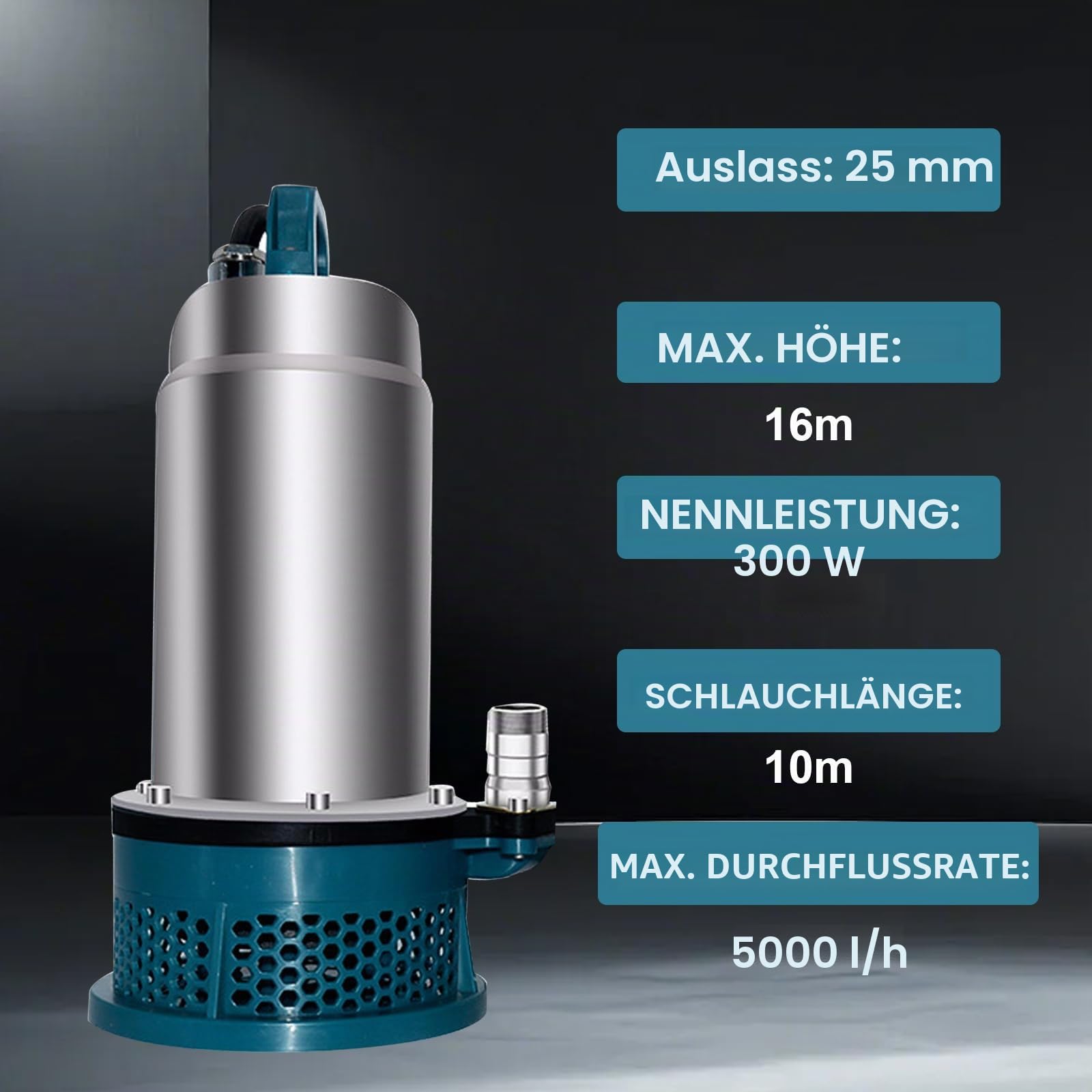 Tauchpumpe für Makita 18V Akku (Keine Batterie), Tragbare Wasserpumpe Sumpfpumpe mit 10m Schlauch, 5m Verbindungskabel, 16m Förderhöhe, für Pool Wasserbett Gartenbewässerung, Bürstenloser Motor