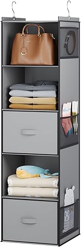 YOUDENOVA Organizador colgante de armario, estantes colgantes de armario de 5 niveles con cajones y 6 bolsillos laterales, gris claro