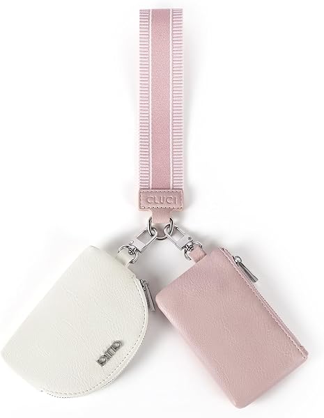 CLUCI Keychain Wallet for Women PU Leather Coin Purse Detachable Dual Pouch Wristlet Wallet Zipper Pocket Pink With Brown