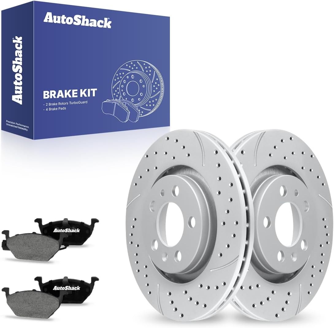 AutoShack Front Brake Rotors & Ceramic Pads for Volkswagen, Jetta 2000-2006 - Coated Drilled & Slotted - Black Matte Finish - BlackShield - 11.02" (280 mm), 5-Lug