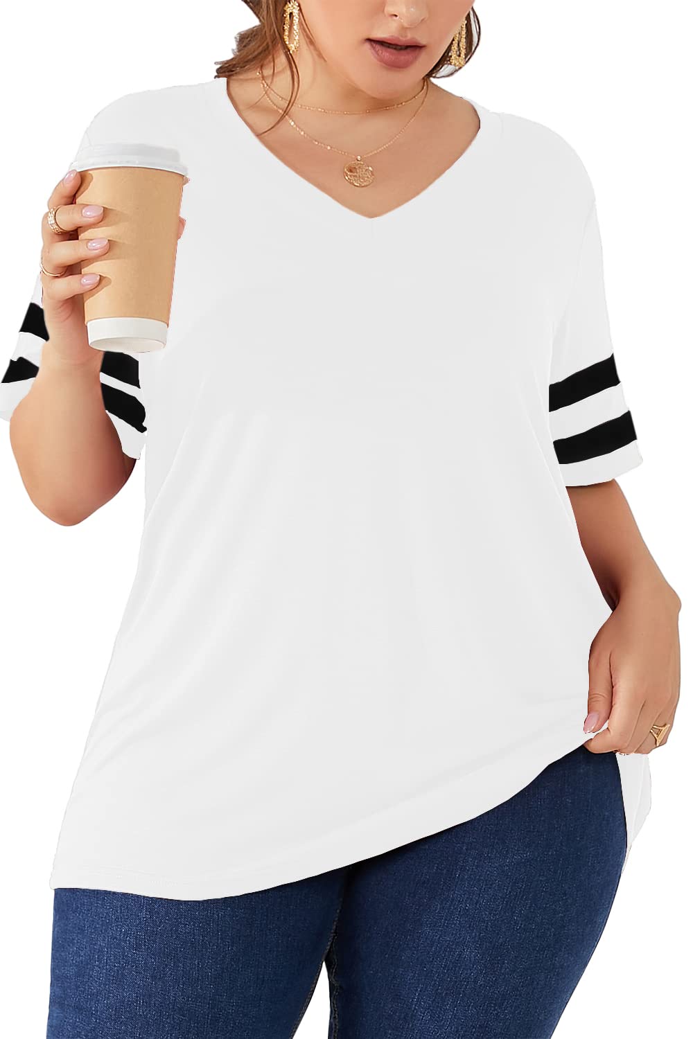 Womens Plus Size Tops Summer Short Sleeve Casual Loose Tunic V Neck Tee T Shirts 1X-5X