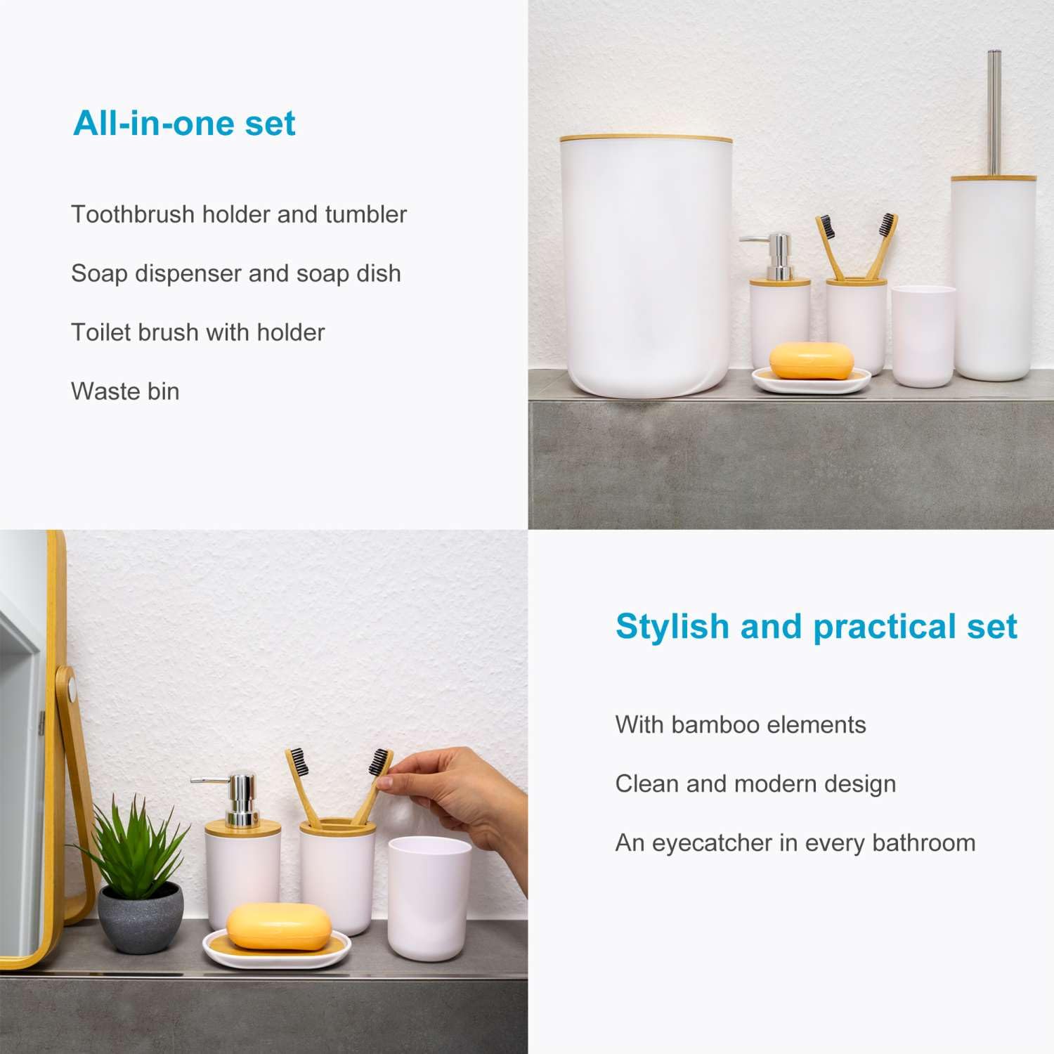 Intirilife set di accessori per il bagno in bambù e plastica in bianco - set da 6 pezzi tumbler per spazzolino da denti tumbler per portasapone dispenser per sapone spazzolino da bagno con supporto