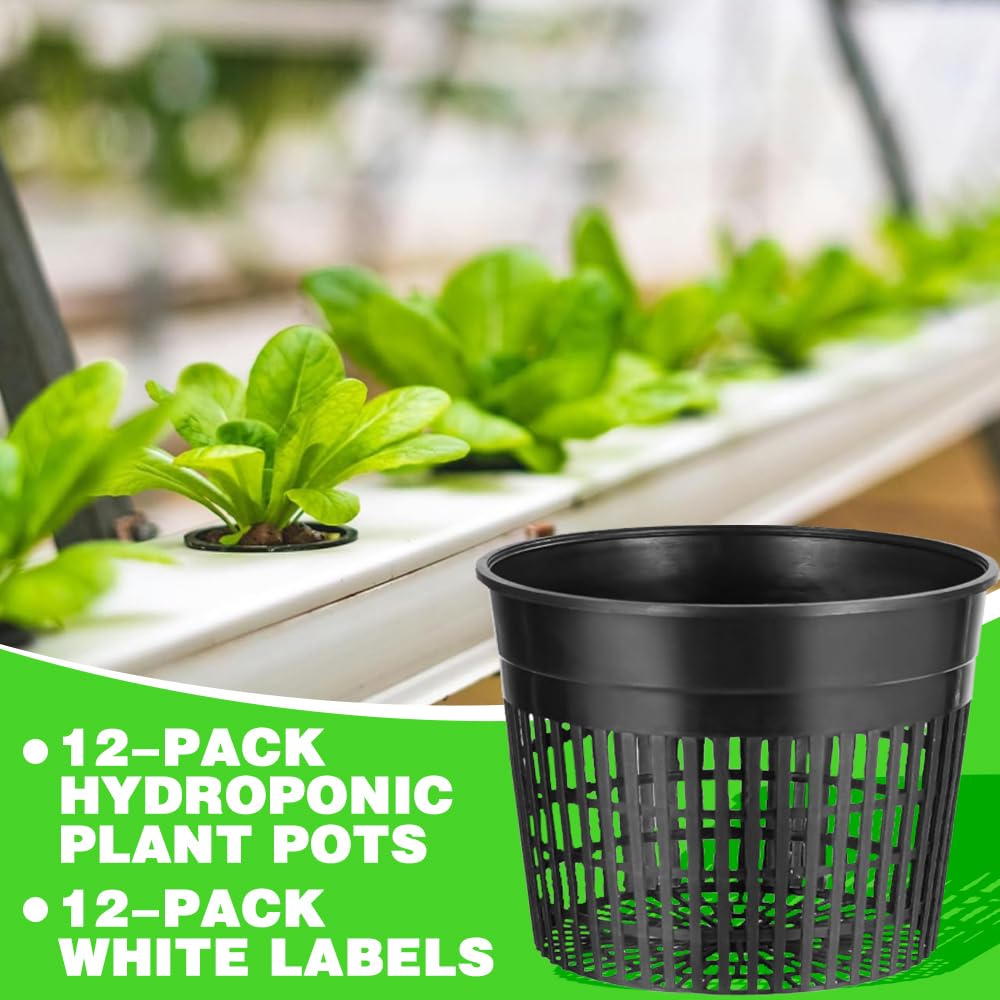 Lot de 12 pots en filet pour culture hydroponique, seau hydroponique de 15,2 cm, pots de jardin en maille fendue avec étiquettes pour plantes pour culture hydroponique, démarrage de