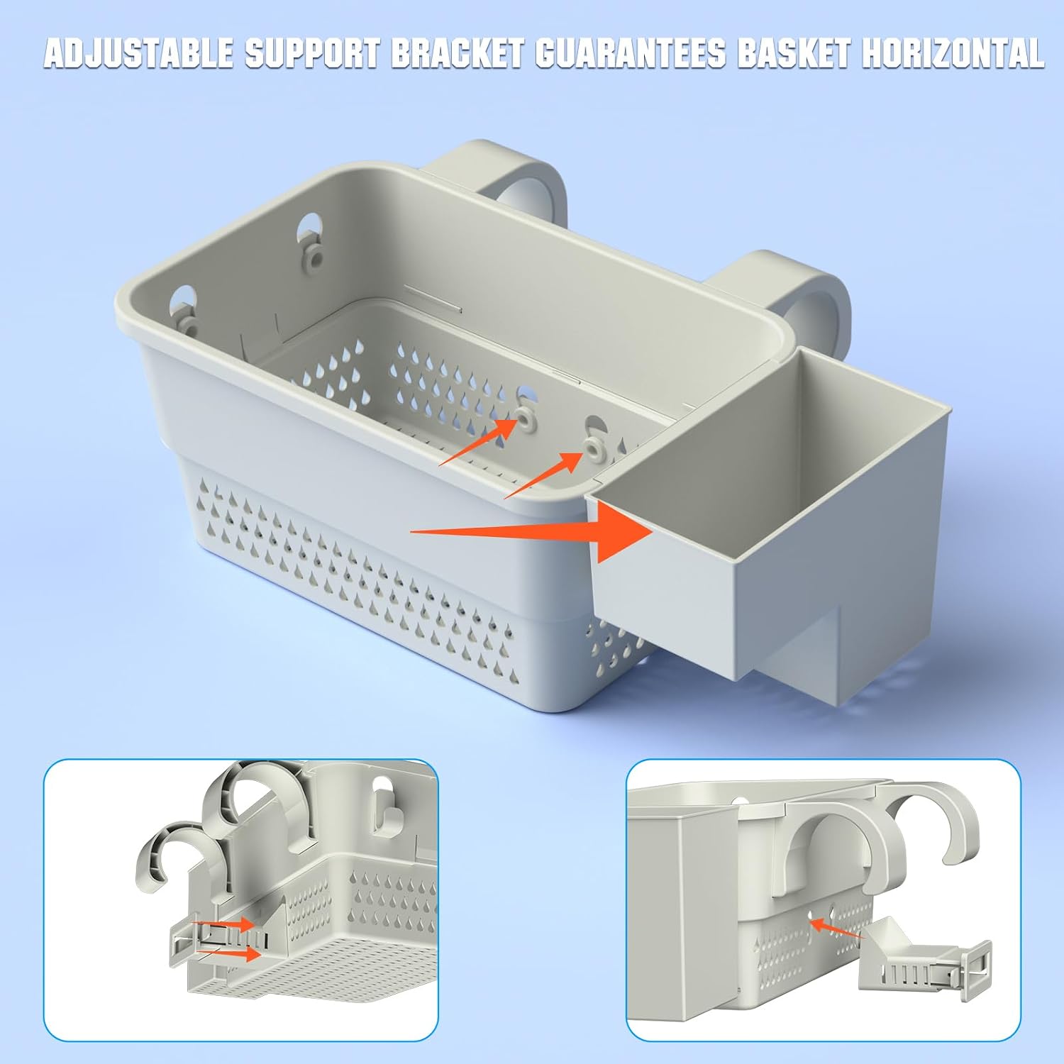 Poolside Storage Basket with Cup Holder & Hooks, Stretchable Pool Basket for Above Ground Pool Accessories (2 Pack)
