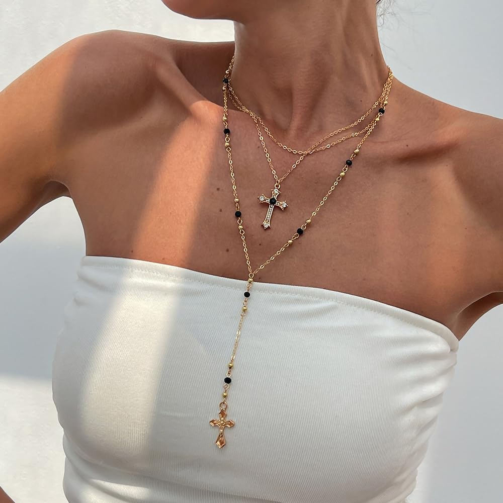 Gold Cross Lariat Necklace,Layered Crystal Cross Pendant Long Y Necklace for Women,Dainty Stackable Chain Prom Cocktail Jewelry - Image 2