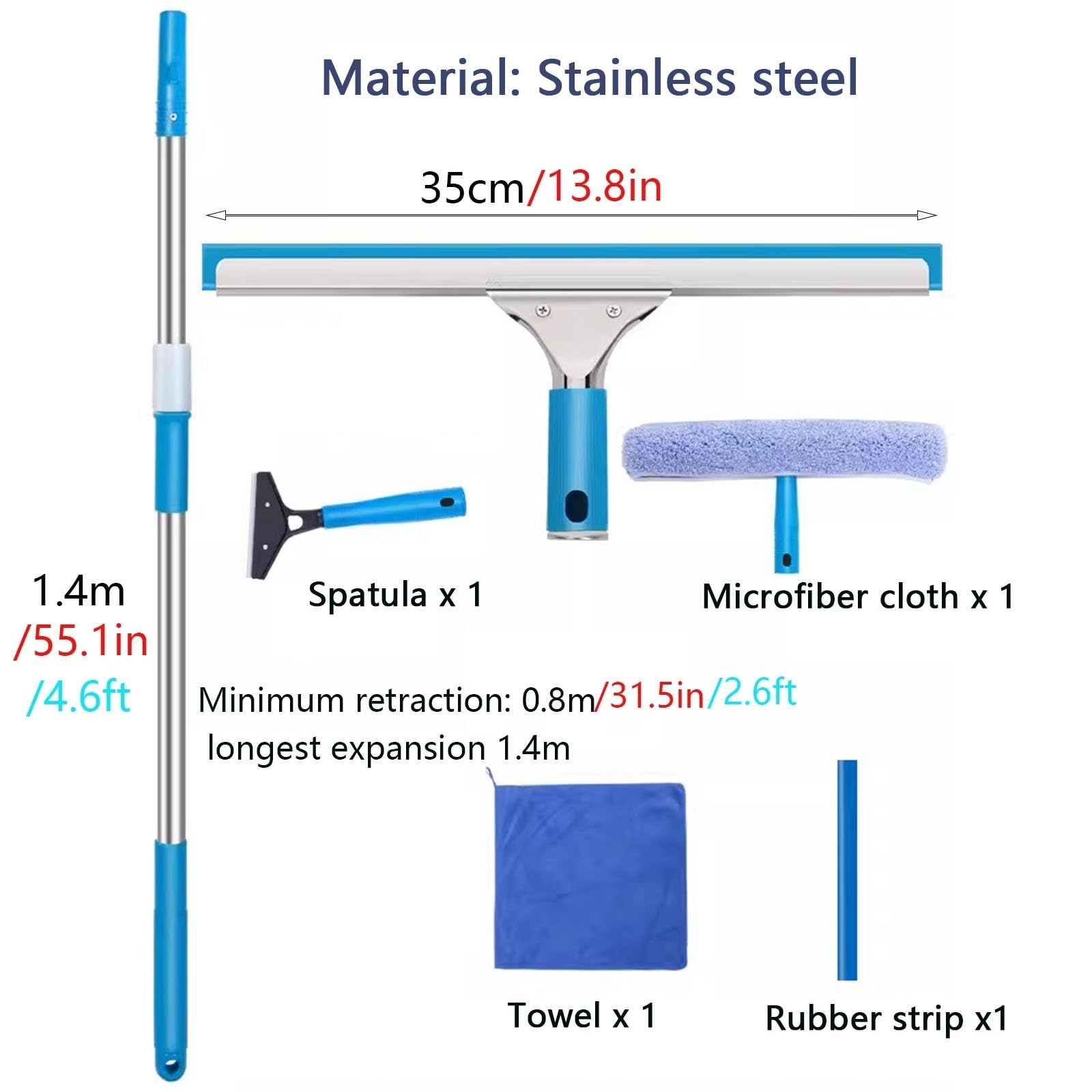 Limpiacristales Limpiador de Ventanas Barra telescópica para limpieza de ventanas, 1.4 2.4 3.9 4.6M de largo Kit de limpieza de ventanas con combo fregador y rascador elástico, para casa/coche Limpiap