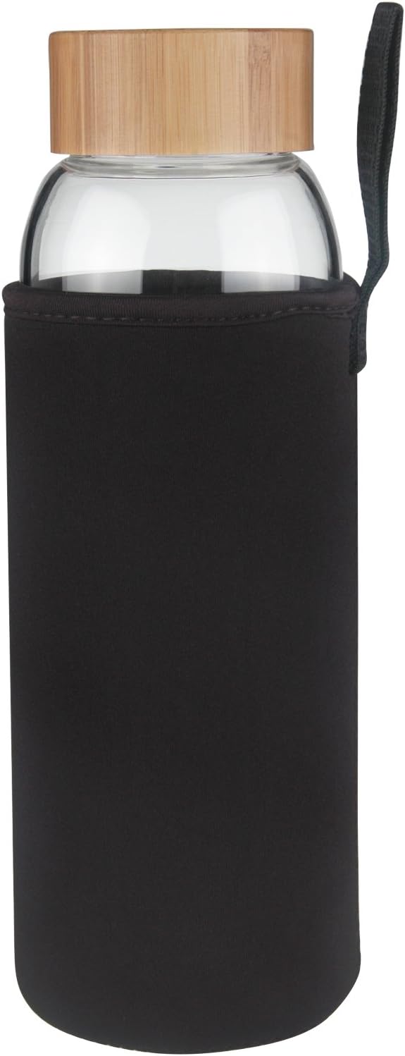 Borosilicate Glass Water Bottle Wide Mouth with Bamboo Lid 32 oz (Black)