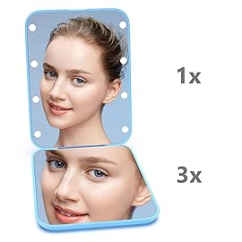 Kintion Pocket Mirror, 1X/3X Magnification LED Compact Travel Makeup Mirror with Light for Purse, 2-Sided, Portable, Folding, Handheld, Small Lighted Mirror for Gift, Blue