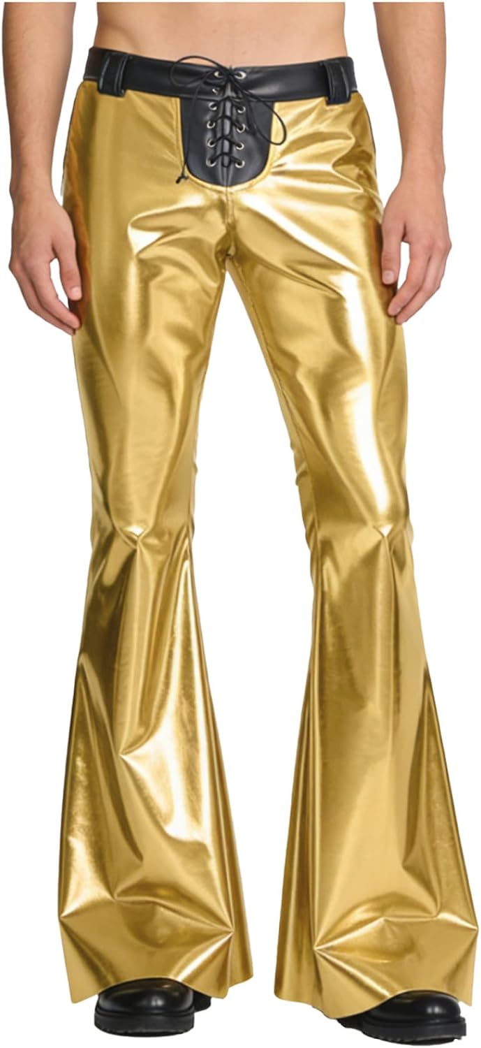 Jugaoge Vintage Pants for Men Metallic 70s Disco Pants Shiny Slim Fit Retro Flared Trousers Hippie Chaps