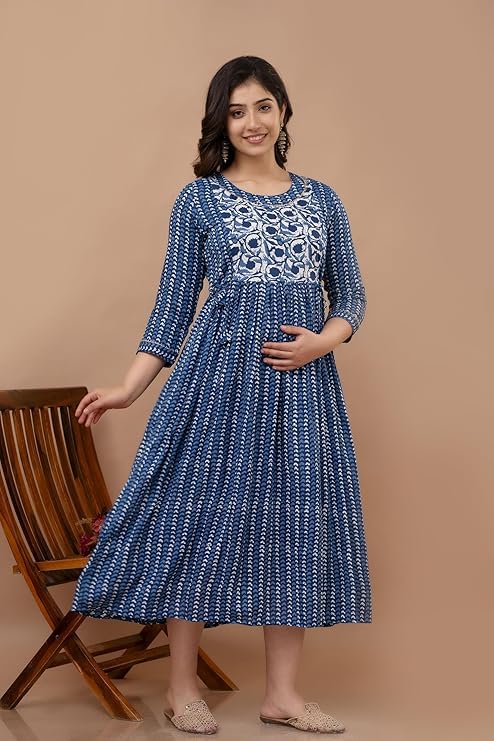 Image of Maternity Feeding Anarkali Kurti Dress for Women | Cotton Nursing Kurta with Both Side Zippers | Pregnancy & Nursing Wear | Comfortable Ethnic