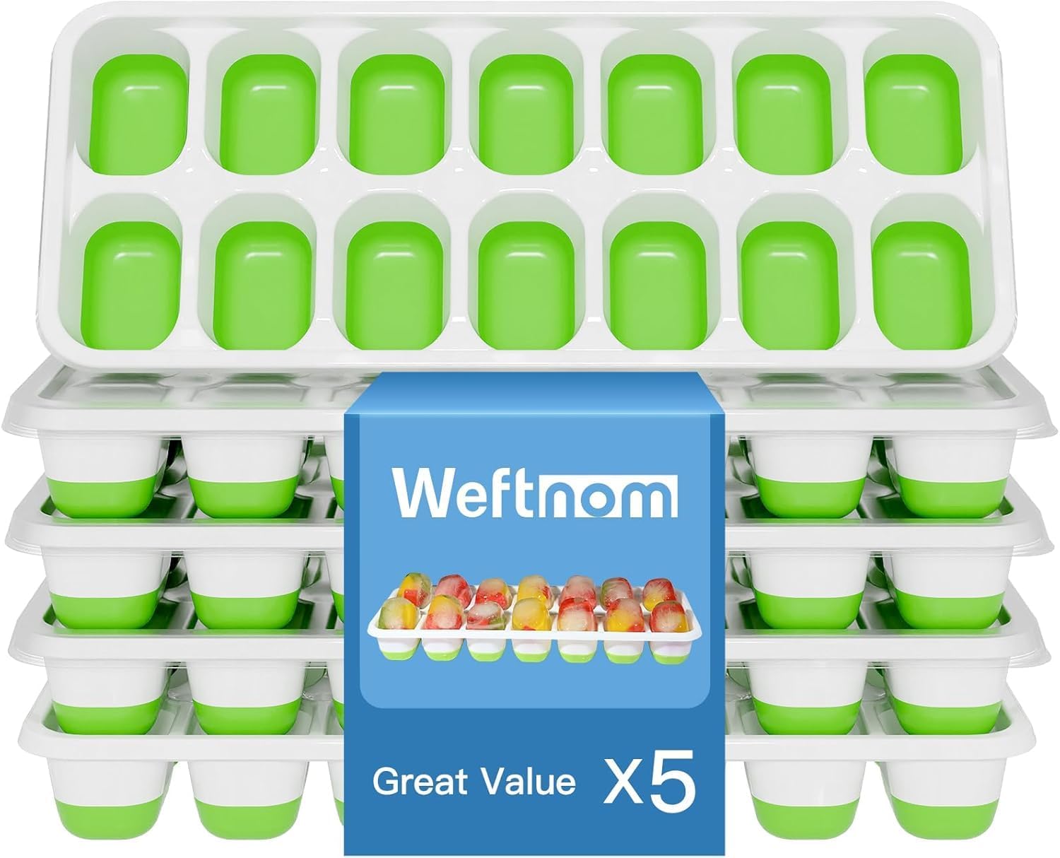 Ice Cube Tray, Ice Cube Trays for Freezer 5 Pack with Lids, Ice Tray Easy-Release, Ice Trays for Freezer Stackable, Silicone Ice Cube Tray for Drinks, Coffee - BPA-Free and Odor-Free