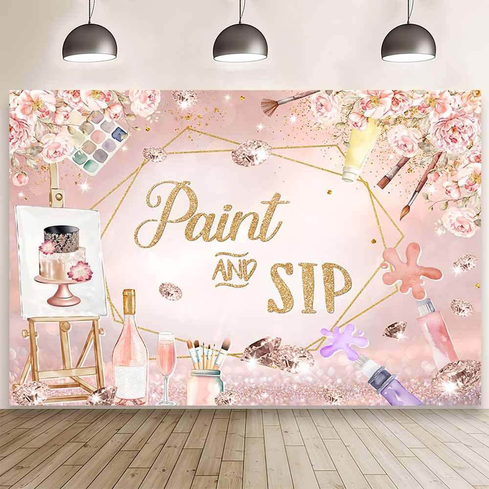 MEHOFOND 7x5ft Paint and Sip Backdrop Rose Gold Paint and Sip Party Decorations Photography Background Pink Floral Painting Party Supplies for Adults