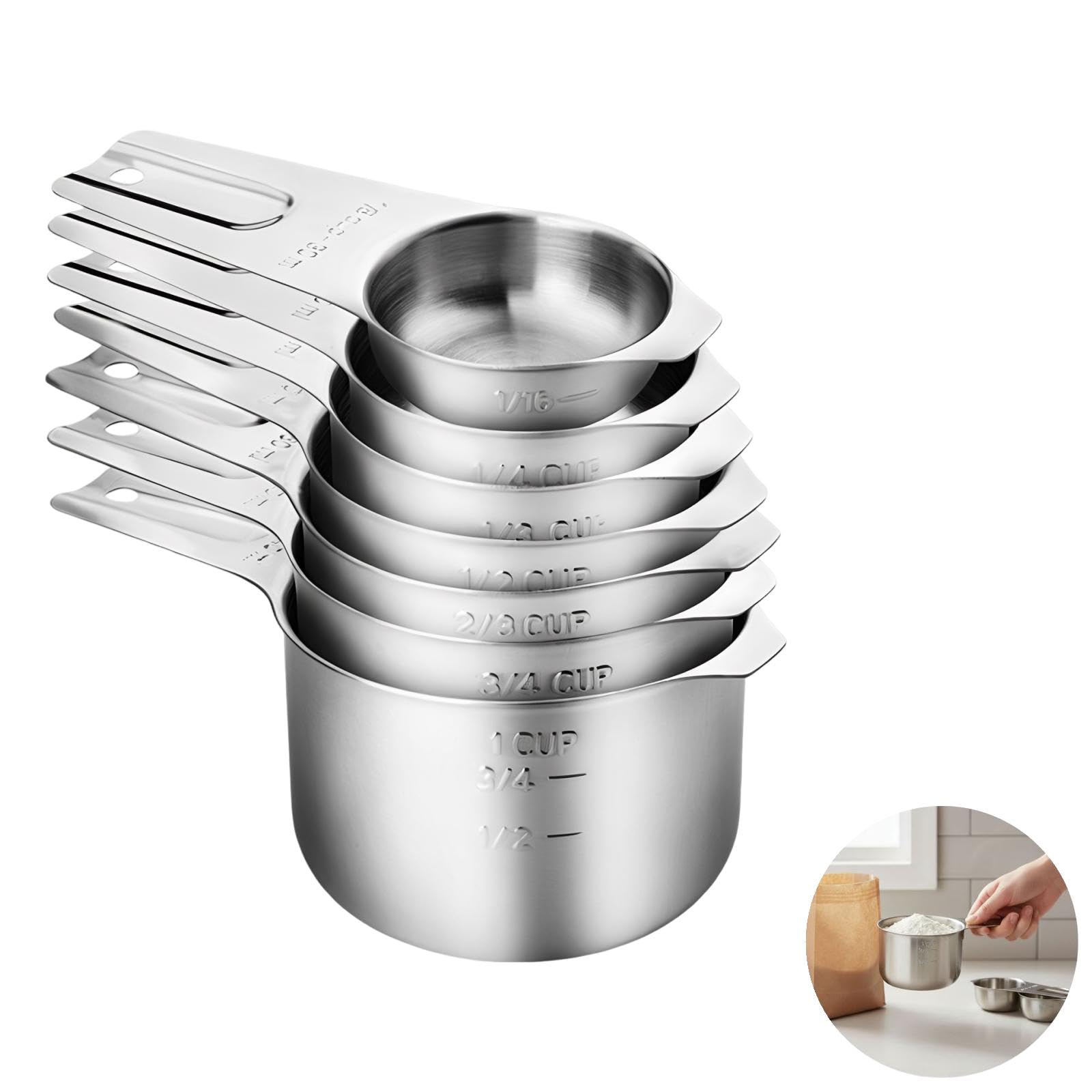 14 tlg. Messbecher und Messlöffel Set aus Edelstahl, 8,1 oz Becher und 0,5 oz Löffel, Profi Nivellierer und Maßangaben für Küche und Backen, doppelt graviert für trocken und flüssig