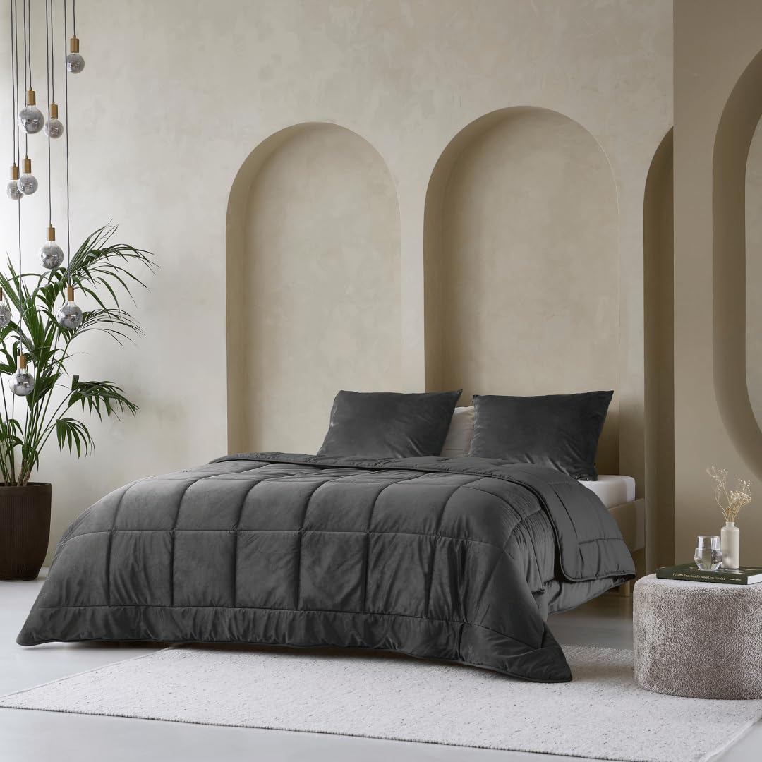 Zelesta Velvetbed Couette Sans Housse en Velours - Lavable, Hypoallergénique - Linge de Lit pour Hiver et Été - Chaude (Anthracite, 240x200 Cm)