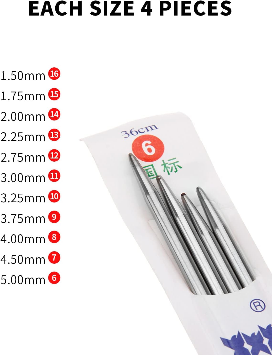 Double Pointed Weaving Needles Knitting Needles Set, 44Pcs Stainless Steel Knitting Tools 11 Sizes 14.2" 36CM