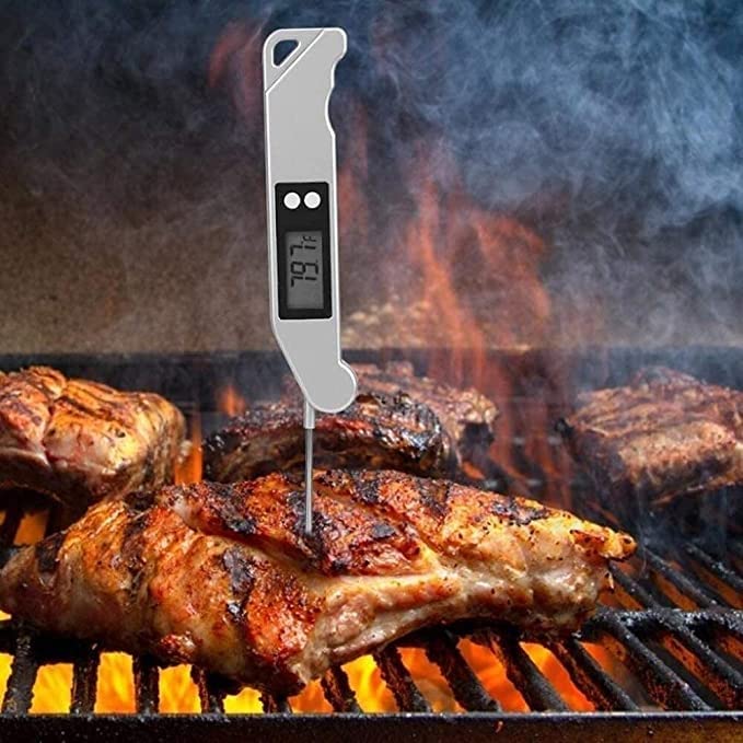 Termometro a lettura istantanea digitale, BBQ Termometro con retroilluminazione e sonda pieghevole, cucina for alimenti da cucina Uso for grill, fumo, liquido, caramelle, argento