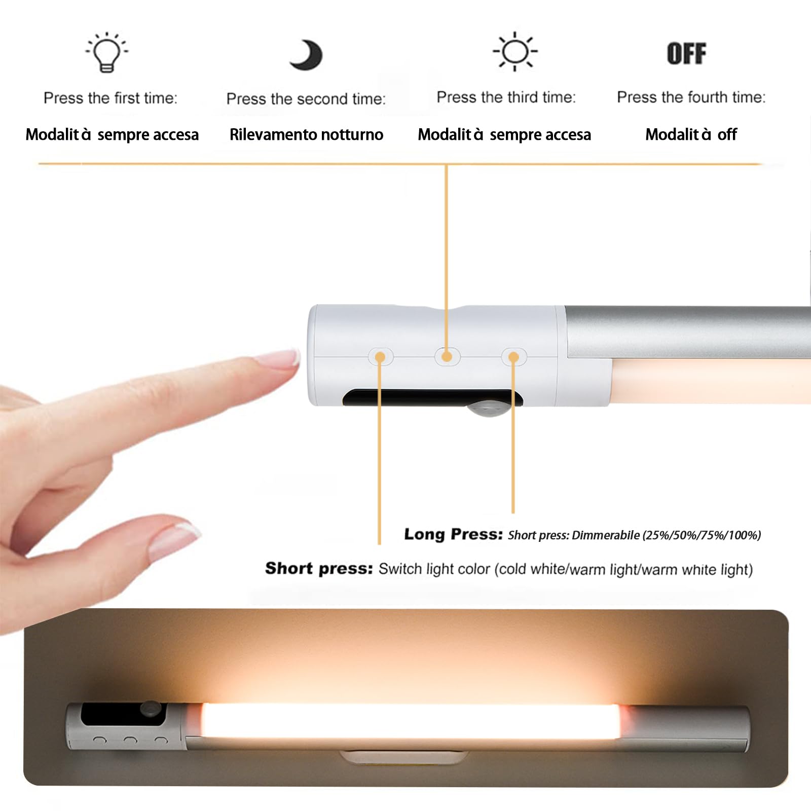 Luci LED Sottopensile Con Sensore Movimento - Ricaricabile USB, 3 Colori, Ideale Per Cucina E Armadi - Foto 9