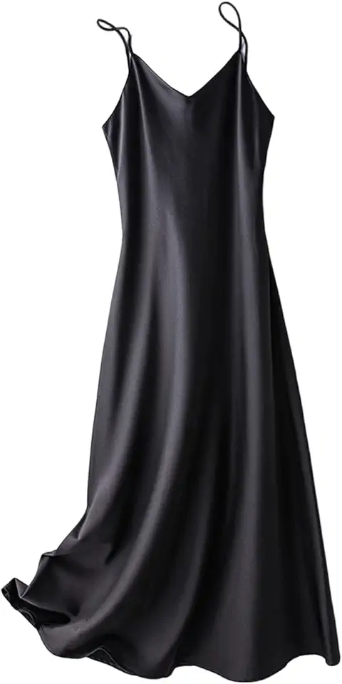 Womens Satin Slip Midi Dress V Neck Silky Cami Adjustable Strap Nightgown