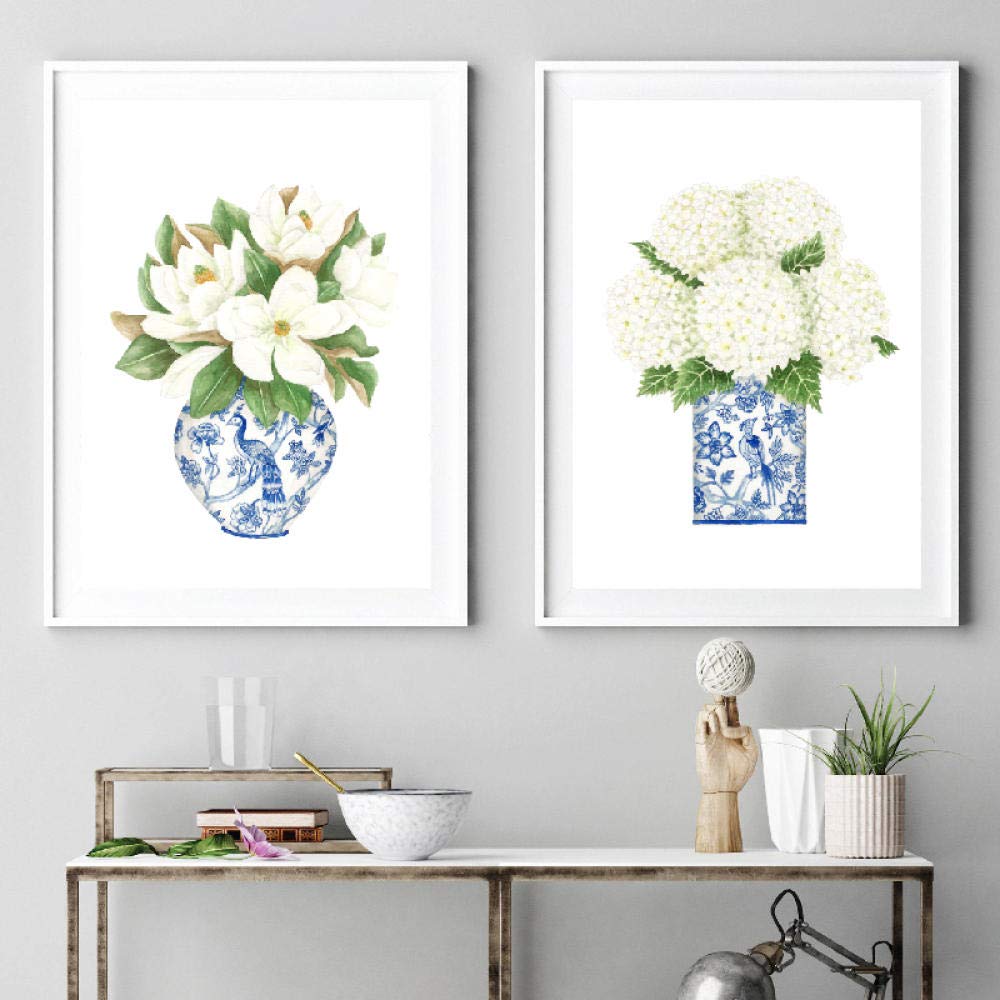OCRTN Blue and White China Magnolia Hydrangea Prints Chinoiserie Art Canvas Painting Gallery Wall Art Picture Poster Trendy Wall Decor - 30x45cmx2 No Frame