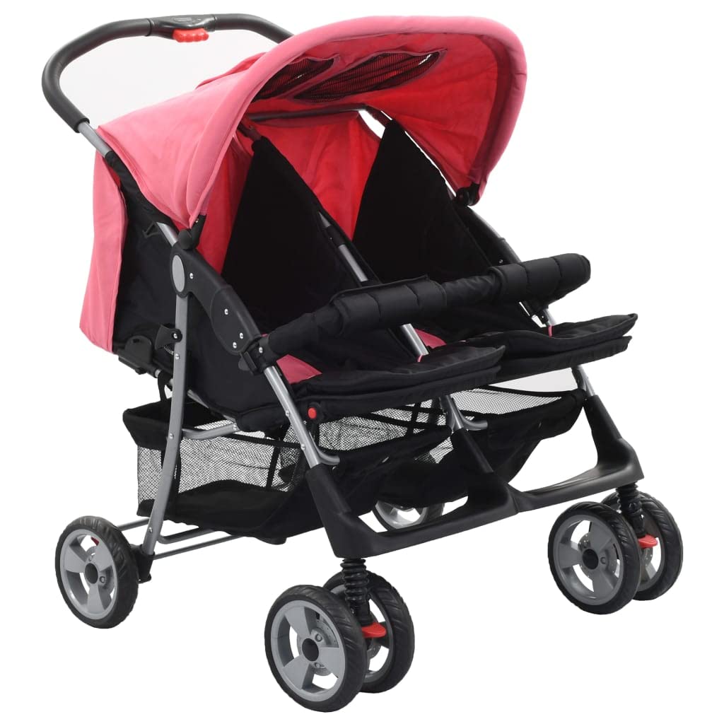 Passeggino Gemellare Rosa e Nero in Acciaio,Bebè e bimbi,Trasporto bebè,Passeggini-10155