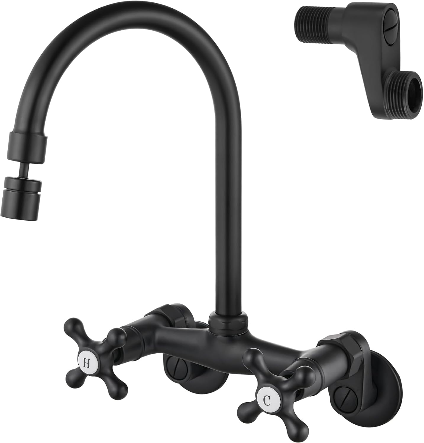 Airuida Wall Mount Kitchen Faucet with Sprayer Wall Mounted Kitchen Sink Faucet Double Cross Handles 360 Degree Swivel Spout Restaurant Mixer Tap Commercial 6 Inch Center, Matte Black
