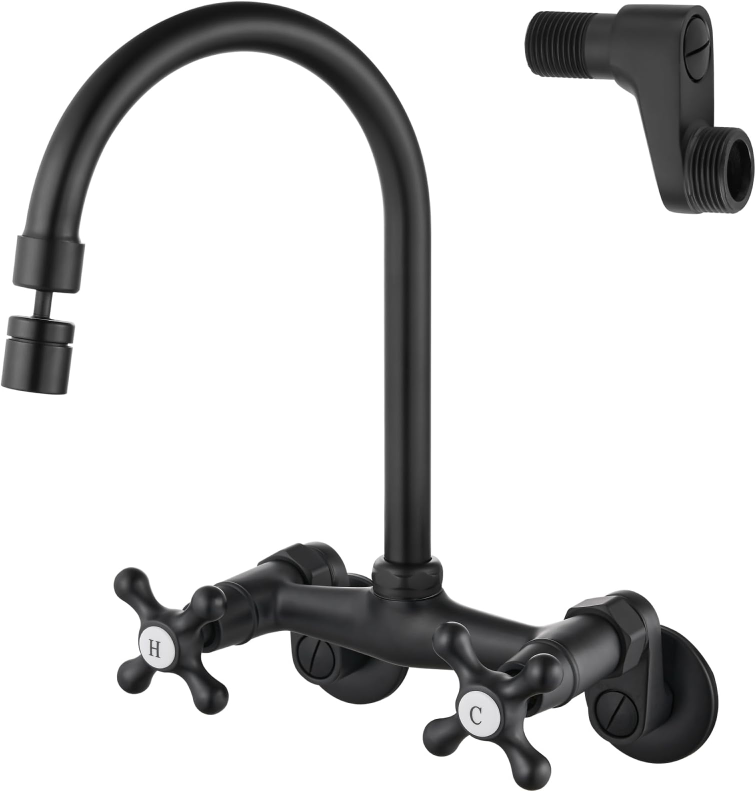 Airuida Matte Black Wall Mount Kitchen Sink Faucet 6 Inch Center Wall Mounted Kitchen Faucet with Sprayer Double Handles 360 Degree Swivel Spout Restaurant Utility Laundry Commercial Mixer Tap