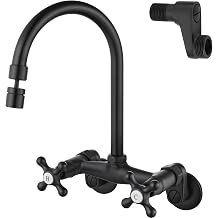 Airuida Wall Mount Kitchen Faucet with Sprayer Wall Mounted Kitchen Sink Faucet Double Cross Handles 360 Degree Swivel Spout Restaurant Mixer Tap Commercial 6 Inch Center, Matte Black