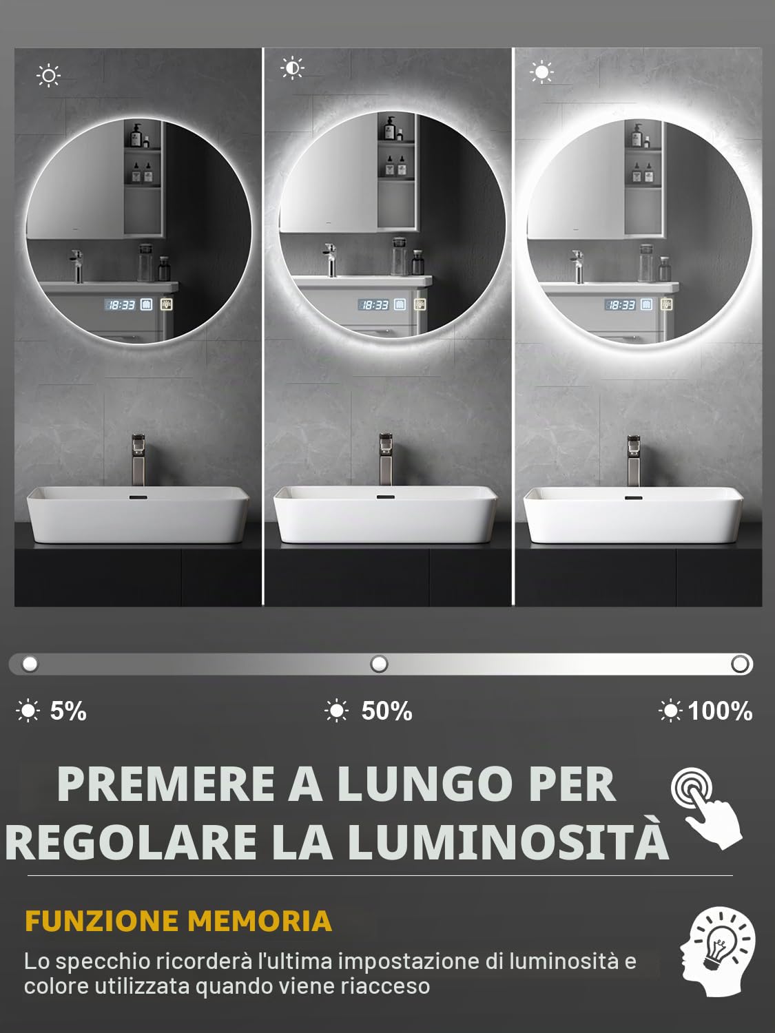 Specchio Bagno con Luce, rotondo a LED, 60 x 60 cm, da parete, anti-appannamento, luce dimmerabile in 3 colori, specchio antiappannamento con luci retroilluminate, per bagno