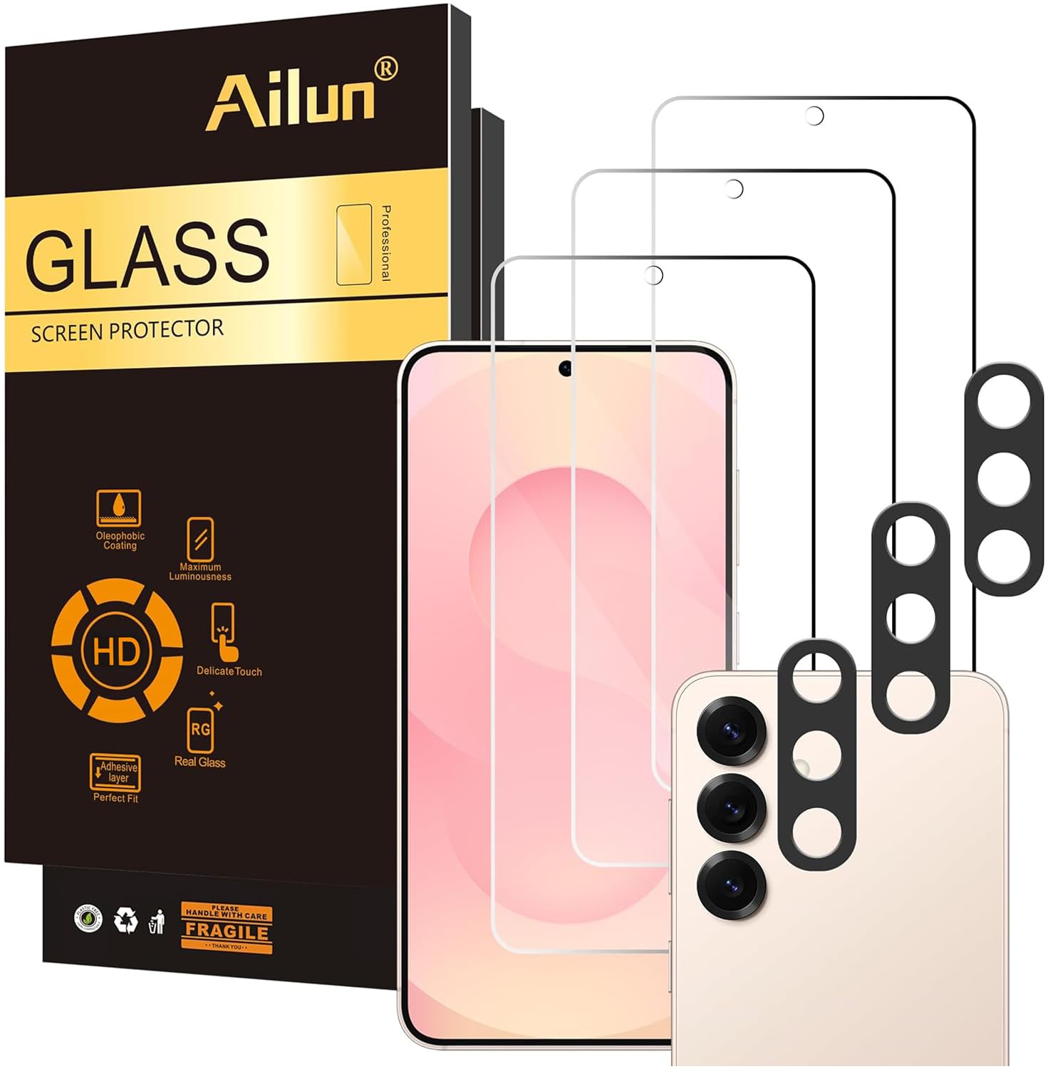 Ailun Screen Protector + Camera Lens Protector for Galaxy S25, 3+3 Pack | Tempered Glass, Fingerprint Unlock Compatible, 0.25mm, Anti-Scratch, Case Friendly, Clear, HD