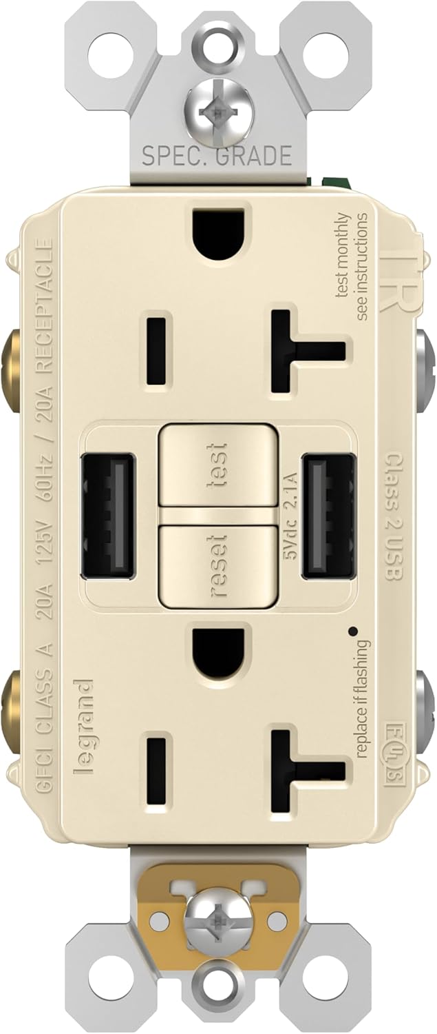 Legrand Pass & Seymour Radiant 20 Amp GFCI Wall Power Outlet with 2.0 Amp USB A/A Charger, Light Almond